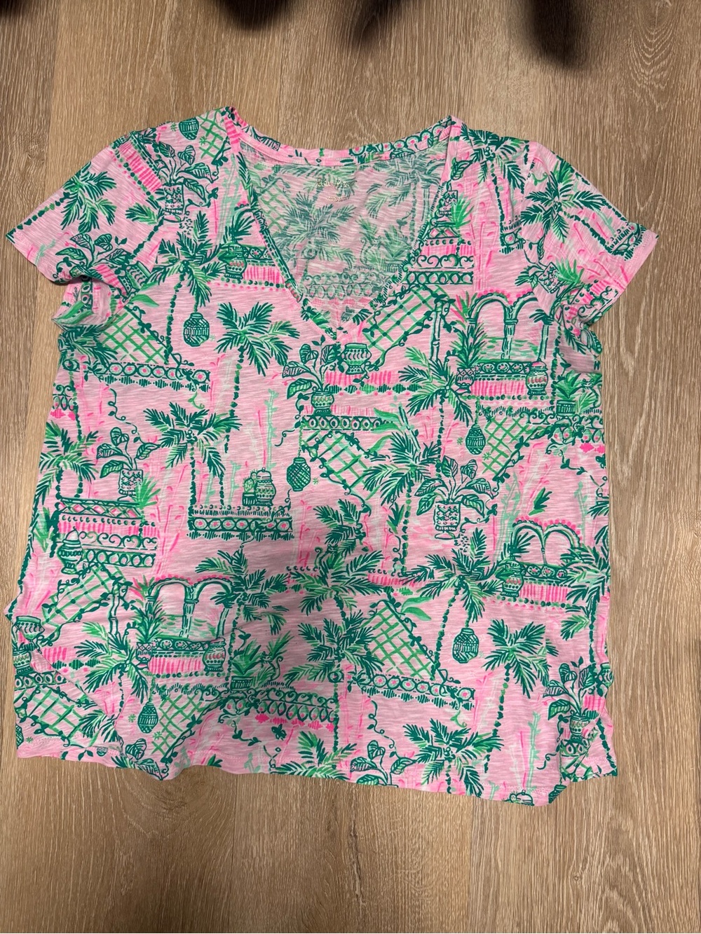 Lily Pulitzer Pink V-Neck Tee with Green Tropical Print